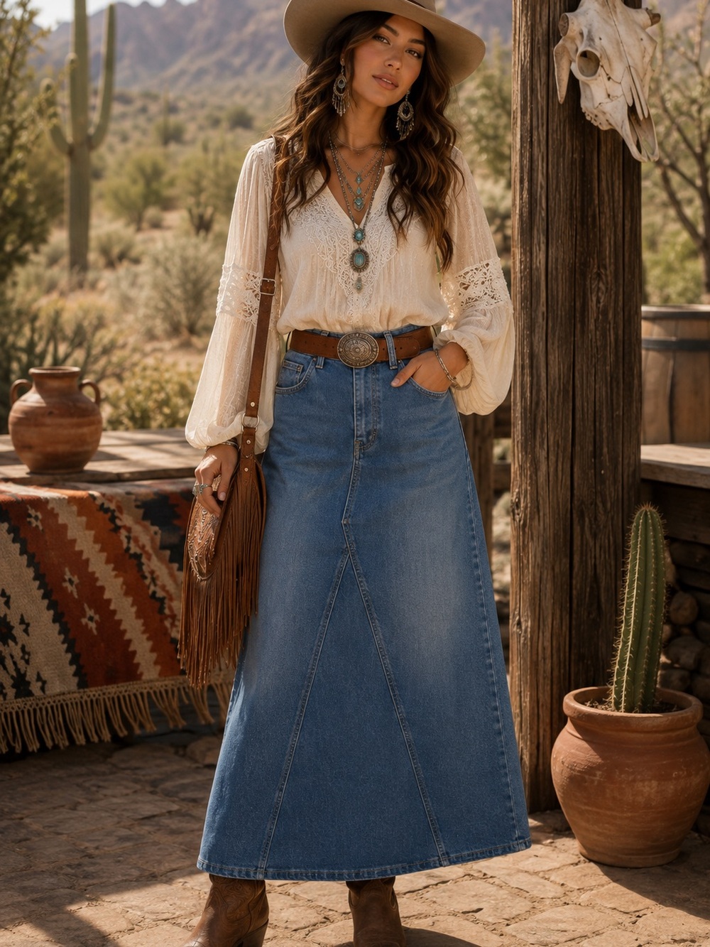Western Boho Denim Maxi Skirt Size 12 | Coastal Cowgirl Stretch Jean Skirt
